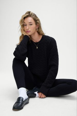 Varsity Cable Knit Sweater – Black