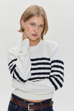 Varsity Striped Cable Knit Sweater – Ivory