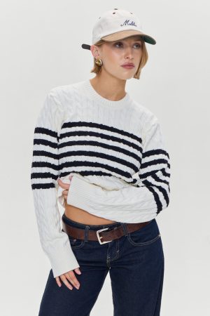 Varsity Striped Cable Knit Sweater – Ivory
