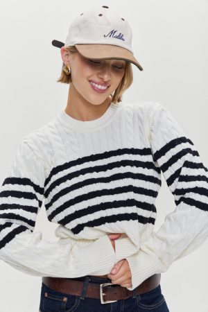 Varsity Striped Cable Knit Sweater – Ivory