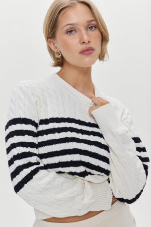 Varsity Striped Cable Knit Sweater – Ivory