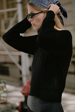 Varsity Cable Knit Sweater – Black