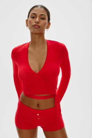 Whisper Long Sleeve Wrap Top – Cherry