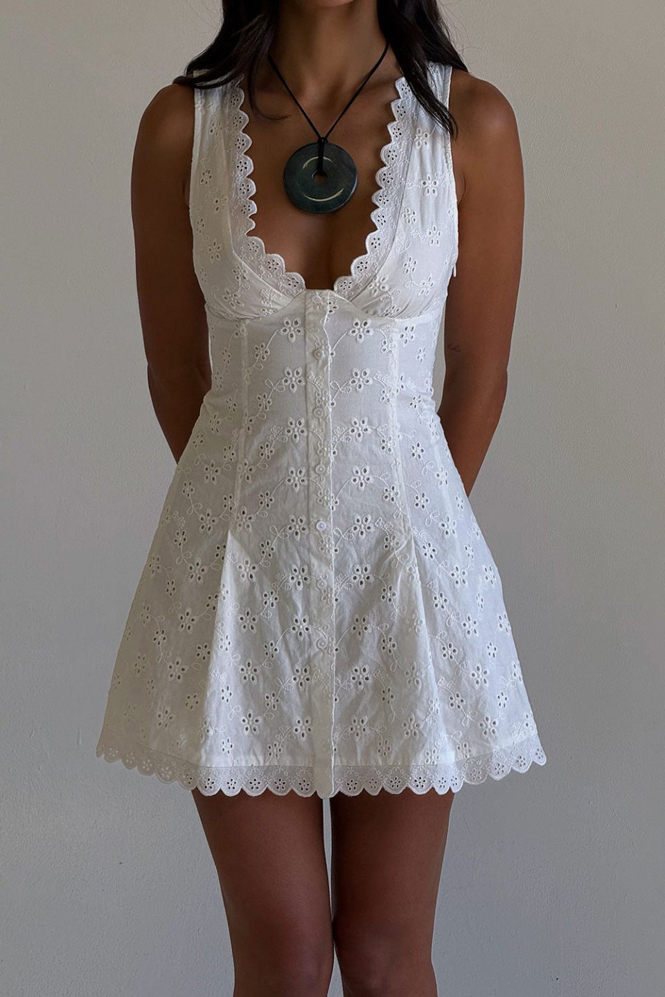 x BELLA HADID Farm Eyelet Mini Dress - Salt Air Eyelet